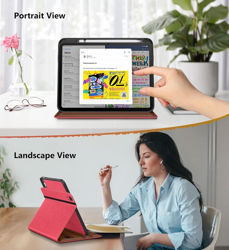 DTTO for iPad A16 Case, iPad 11th / 10th Generation Case (2025/2022), 360 Degree Rotating Premium Leather Folio Stand Cover with Pencil Holder, Watermelon Red - Image 3